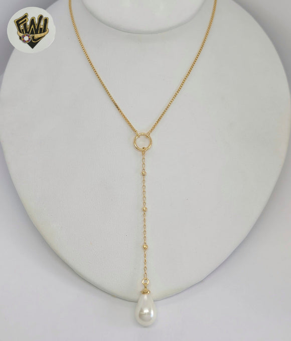 (1-6395-2) Gold Laminate - Box Link Pearl Necklace - 16