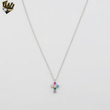 (2-66023) 925 Sterling Silver - 1mm Link with Cross Multicolor Necklace 16"