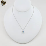 (2-66023) 925 Sterling Silver - 1mm Link with Cross Multicolor Necklace 16"