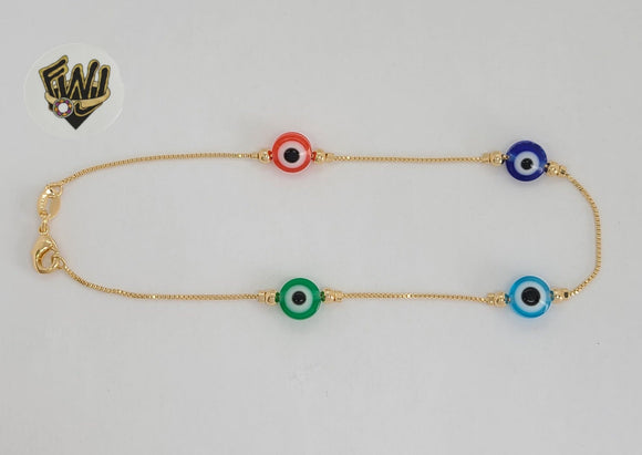 (1-0178) Gold Laminate - 1mm Box Link Evil Eye Anklet - 10