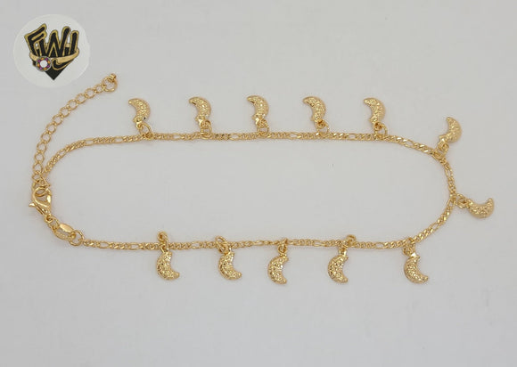 (1-0169) Gold Laminate - 2mm Figaro Anklet with Charms - 9.5