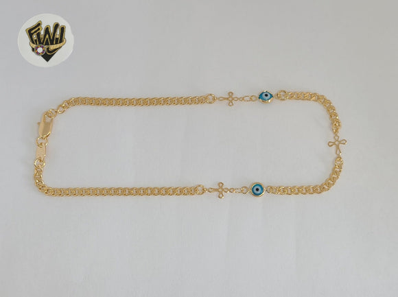 (1-0269) Gold Laminate - 3mm Link Evil Eye Anklet - 10