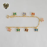 (1-0918) Gold Laminate - 2mm Figaro Link Multicolor Butterfly Bracelet - 6" - BGF