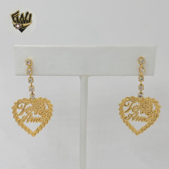 (1-1220-3) Laminado de Oro - Aretes Largos Corazón - BGO