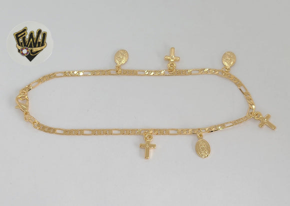 (1-0092) Laminado de oro - Tobillera con dijes religiosos con eslabones Figaro de 3 mm - 10