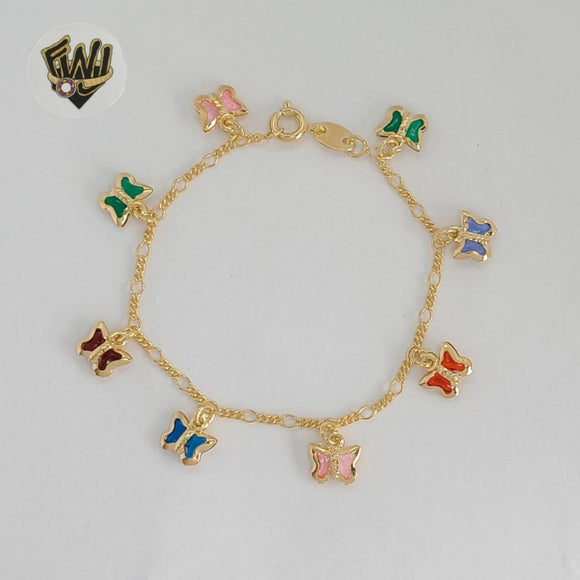 (1-0918) Gold Laminate - 2mm Figaro Link Multicolor Butterfly Bracelet - 6
