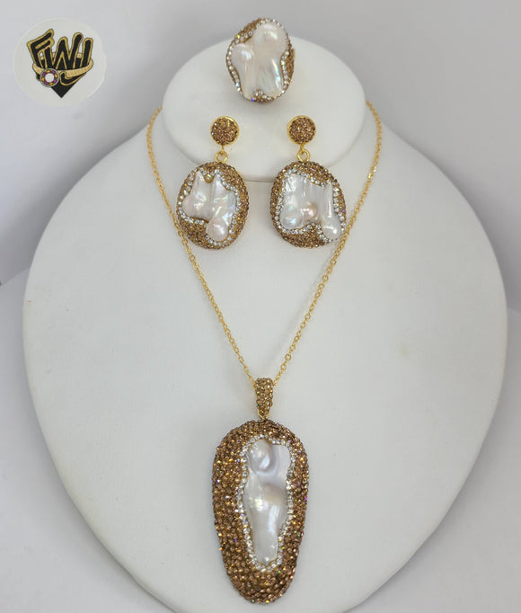 (1-6276) Gold Plated - Natural Pearl and Zircon Set - 20