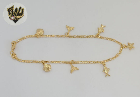 (1-0110) Gold Laminate - 2.5mm Figaro Link Beach Charms Anklet - 10