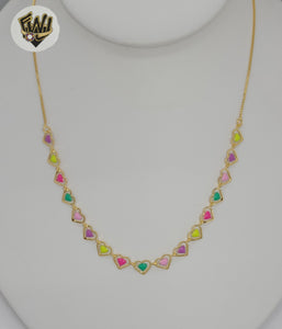 (1-6238) Gold Laminate - Box Link Multicolor Heart Necklace - 16" - BGF