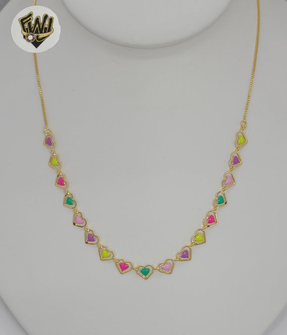 (1-6238) Gold Laminate - Box Link Multicolor Heart Necklace - 16