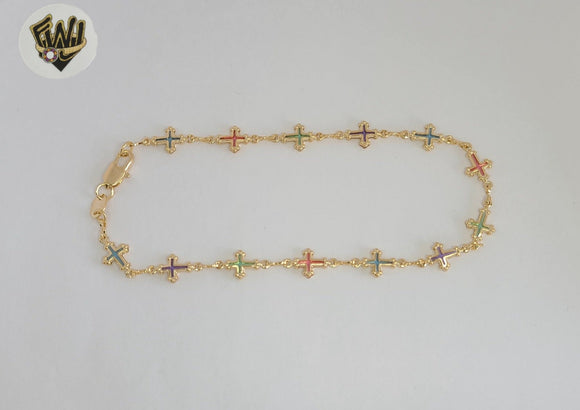 (1-0159) Gold Laminate Multicolor Cross Anklet 10” BGF