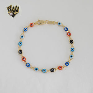 (1-0679) Gold Laminate - 5mm Multicolor Evil Eye Bracelet - 7.5" - BGF