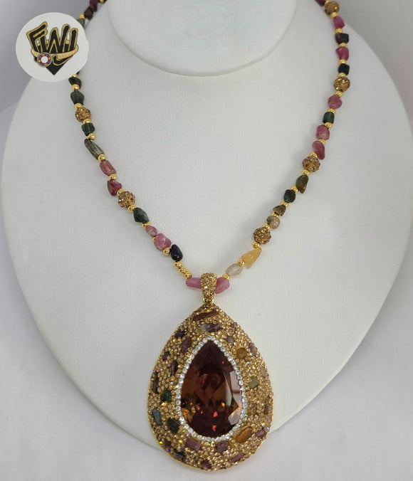 (1-6237) Chapado en oro - Collar de piedras multicolores de 6 mm - 23