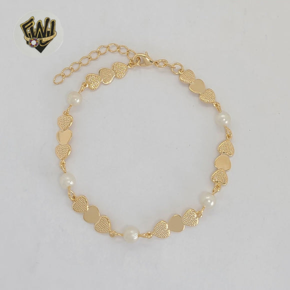 (1-0768) Laminado de oro - Pulsera de eslabones de perlas y corazón de 5 mm - 6,5
