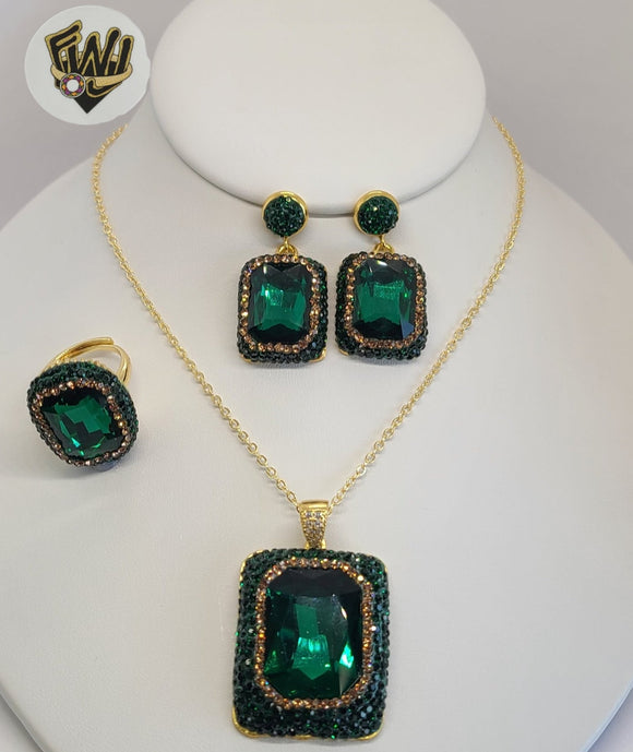 (1-6485) Gold Plated - Green Zircon Big Set - 19