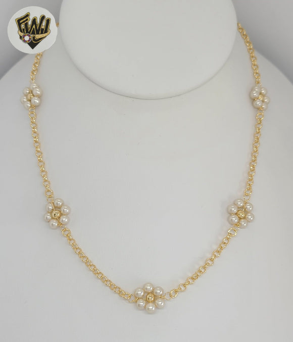 (1-6154) Laminado de oro - Collar de flores con eslabones Rolo - 16