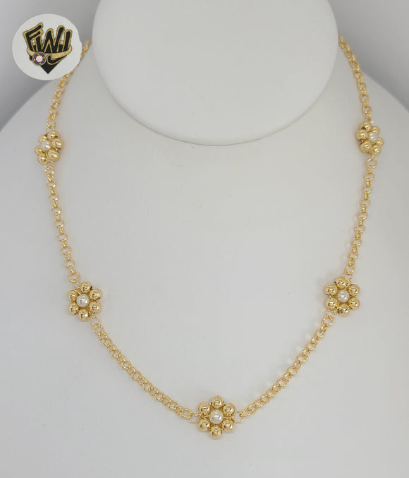 (1-6154-1) Gold Laminate - Rolo Link Flower Necklace - 16