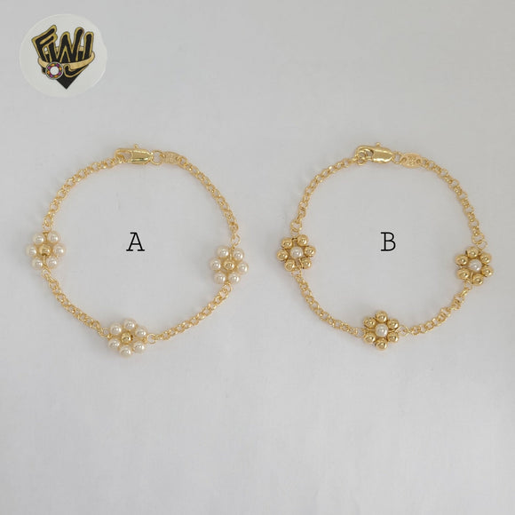 (1-0766) Laminado de oro - Pulsera de perlas y flores con eslabones de 3 mm - 7