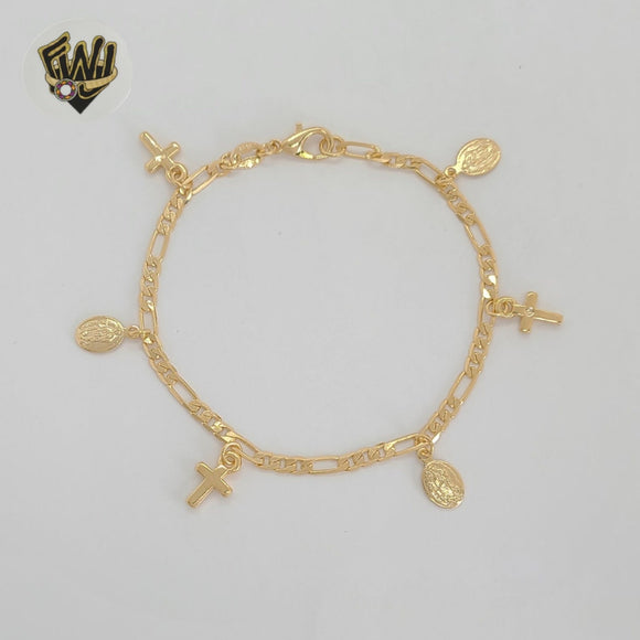 (1-0838) Gold Laminate - 3mm Figaro Link Religious Charms Bracelet - 7.5