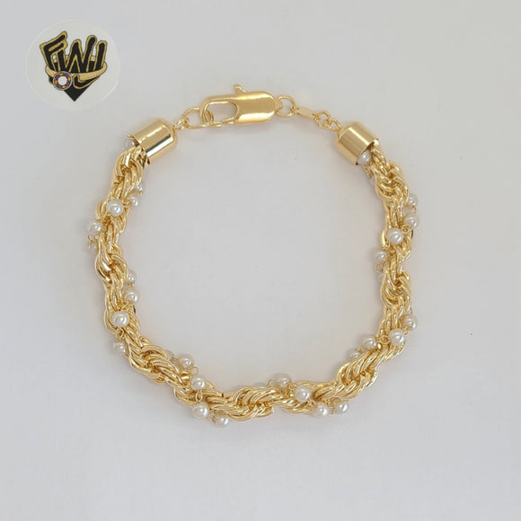 (1-0760) Laminado de oro - Brazalete de perlas y eslabones de cuerda de 7 mm - BGF
