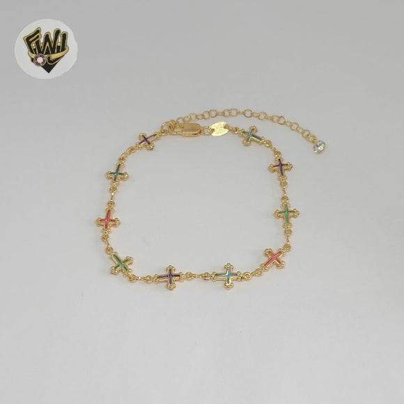 (1-0650-1) Gold Laminate - 7.5mm Multicolor Cross Bracelet - 7.5