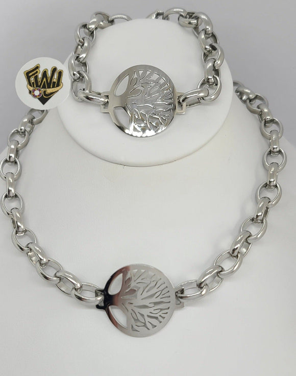 (4-7098-A) Stainless Steel - 10mm Rolo Link Tree of Life Set.