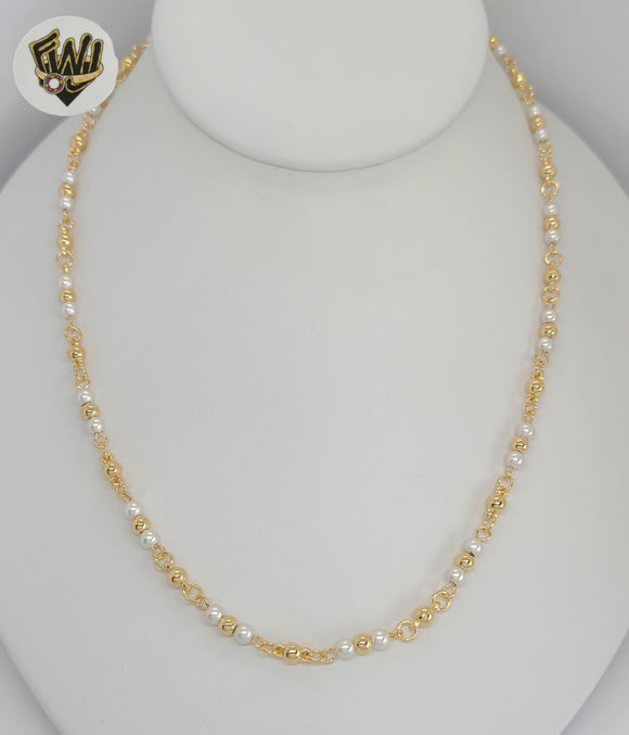 (1-6036-1) Laminado de oro - Collar de eslabones de cuentas y perlas - 18
