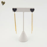 (4-2140) Stainless Steel - Black Heart Long Earrings.