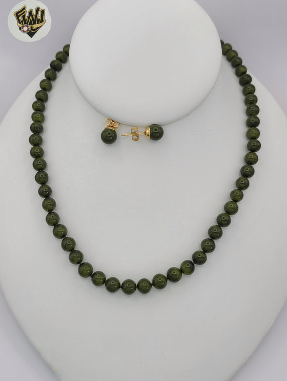 (MSET-45) Gold Laminate - 7mm Green Mallorca Pearls Set - BGF