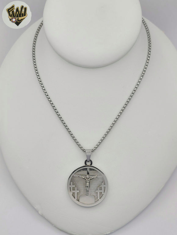(4-7173-1) Stainless Steel - 2.5mm Link Jesus Medal Necklace - 24