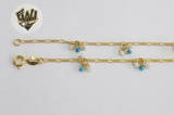 (1-0160) Gold Laminate - 2mm Figaro Anklet with Charms - 10" - BGO - Fantasy World Jewelry