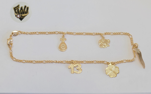 (1-0238) Gold Laminate - 2mm Figaro Anklet w/Charms - 10.5" - BGO - Fantasy World Jewelry