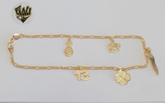 (1-0238) Gold Laminate - 2mm Figaro Anklet w/Charms - 10.5