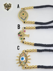 (1-60100) - Gold Plated Black String Bracelet (CZ Stone). - Fantasy World Jewelry