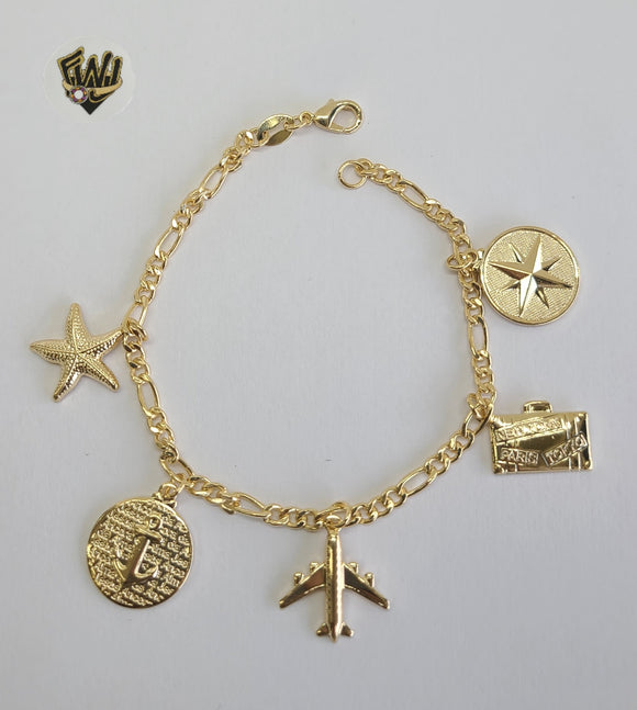 (1-0491) Gold Laminate - 3mm Figaro Link Charms Bracelets- BGF - Fantasy World Jewelry