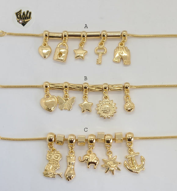 (MBRA-26) Gold Laminate - Adjustable Charms Bracelet - BGF - Fantasy World Jewelry