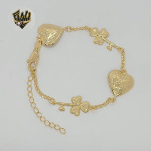 (1-0455) Gold Laminate - Heart and Clover Key Bracelet - 8" - BGF - Fantasy World Jewelry