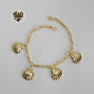 (1-0753) Gold Laminate - 3mm Figaro Link Bracelet w/ Charms - 7.5" - BGO - Fantasy World Jewelry