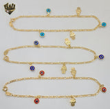 (1-0229) Gold Laminate - 2.5mm Figaro Anklet with Charms - 10" - BGF - Fantasy World Jewelry