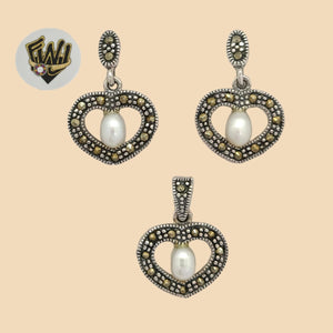 (2-6821) 925 Sterling Silver - Heart Pearl Set. - Fantasy World Jewelry