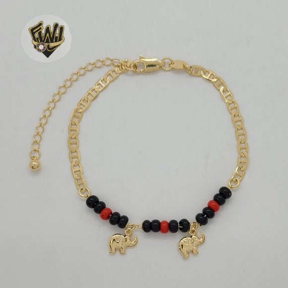 (1-0701) Gold Laminate - 4mm Mariner Link Azabache and Elephants Bracelet - 7.5