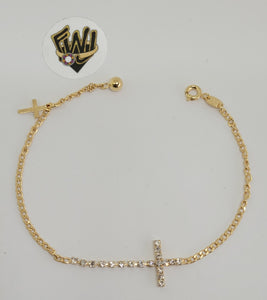 (1-0887) Gold Laminate - 2mm Curb Link Cross Bracelet - 7.5" - BGF - Fantasy World Jewelry