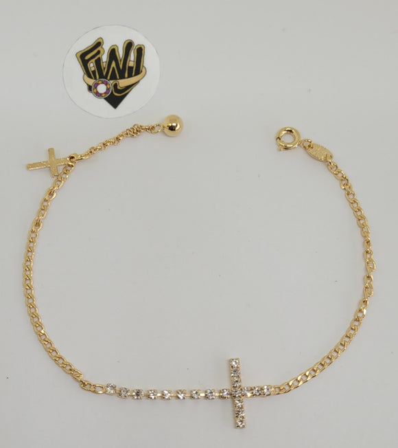 (1-0887) Gold Laminate - 2mm Curb Link Cross Bracelet - 7.5