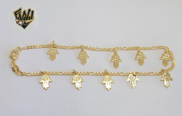 (1-0257) Gold Laminate - 2mm Figaro Anklet w/Charms - 9.5