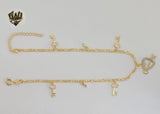 (1-0114) Laminado de oro - Tobillera con dijes de llave Figaro Link de 2 mm - 10" - BGF