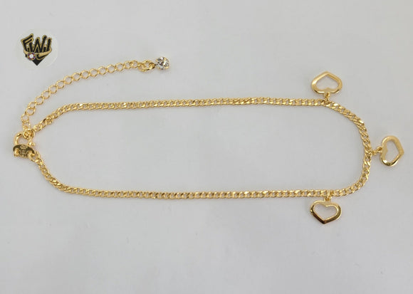 (1-0231) Gold Laminate - 2mm Curb Link Anklet w/Hearts - 10