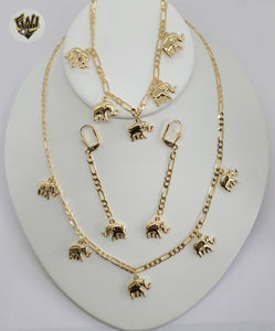 (1-6194) Gold Laminate - Figaro Chains with Elephants Set- BGO - Fantasy World Jewelry