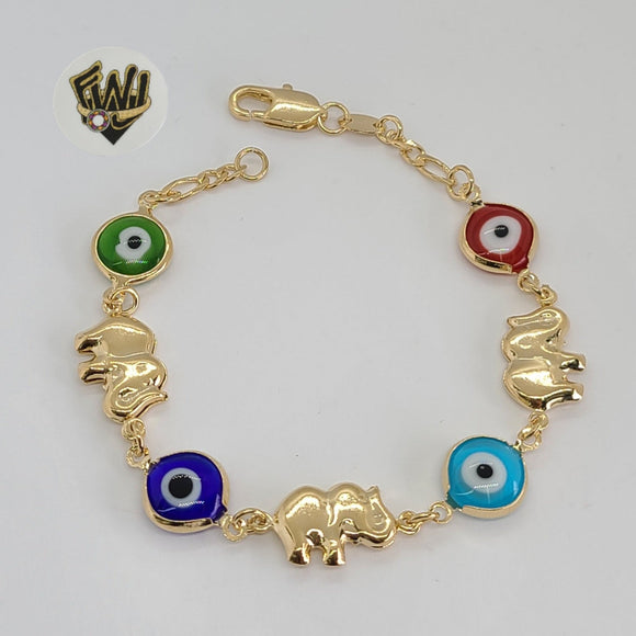 (1-0659) Gold Laminate - 11mm Evil Eye & Elephant Bracelet - 7.5