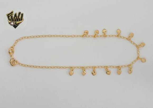 (1-0202) Gold Laminate - 2mm Rolo Link Heart Charms Anklet - 10” - BGF