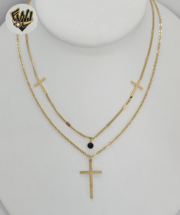 (4-7001) Stainless Steel - Cross Layering Chains Necklace.